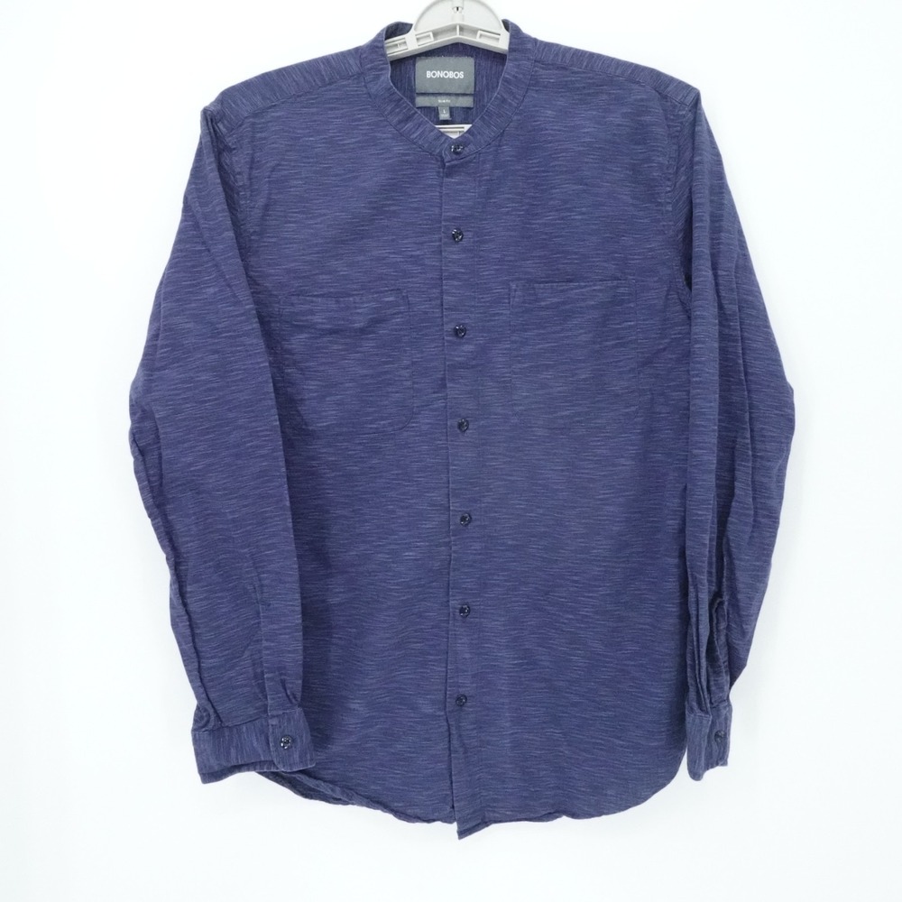 Bonobos Shirt Mens Large Navy Slim Fit Band Collar Slub Cotton Button Up Pockets